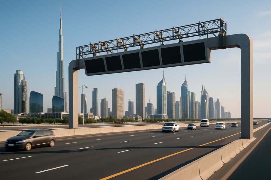 Modern highway in Dubai with electronic toll gantries Modern highway in Dubai with electronic toll gantries